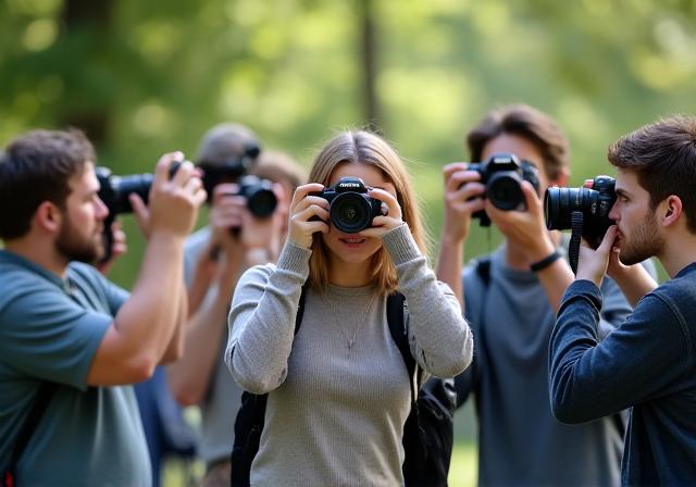 Groupe de personnes participant à un stage de photographie en extérieur.