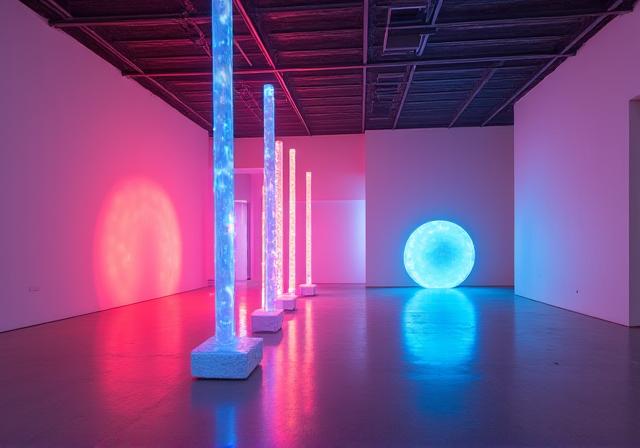Installation artistique lumineuse dans une galerie d'art contemporain à Lyon.