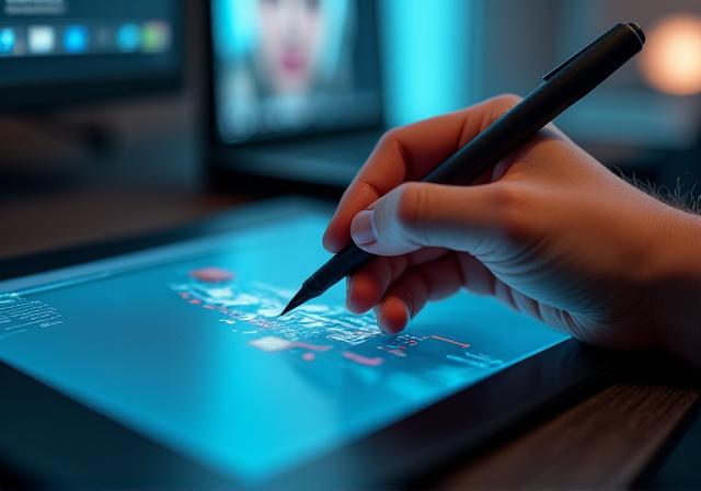 Expert en retouche photo travaillant sur un écran avec une tablette graphique.